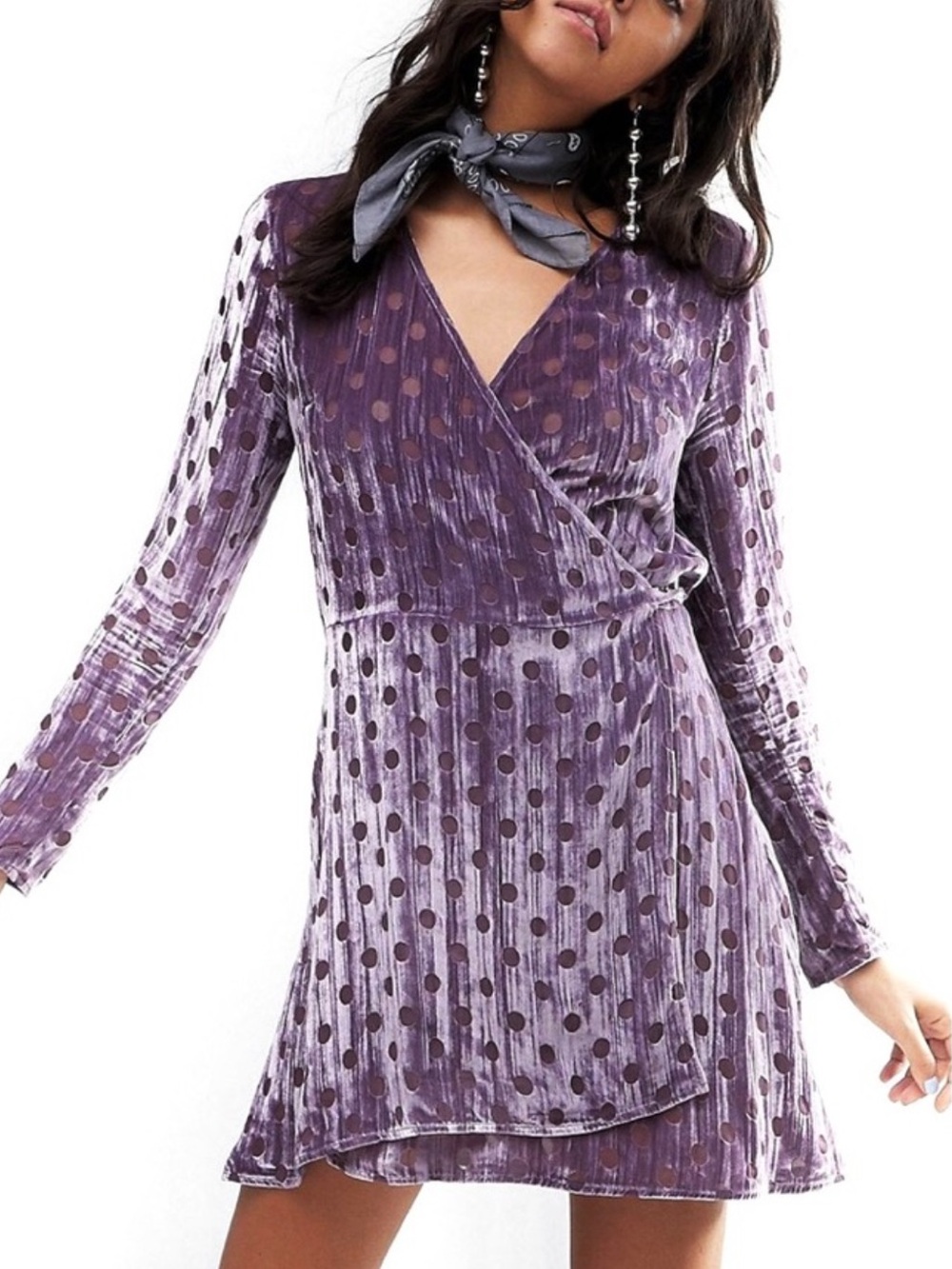 NEW HOUSE OF HOLLAND PURPLE VELVET POLKA DOT WRAP MINI DRESS